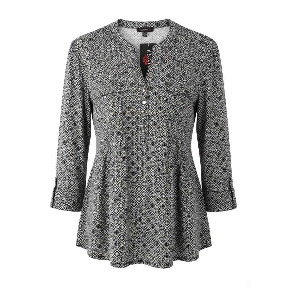 Cocomo Women's Size XL Black Whie Geo Floral Print Pintuck 3/4 Sleeve Top